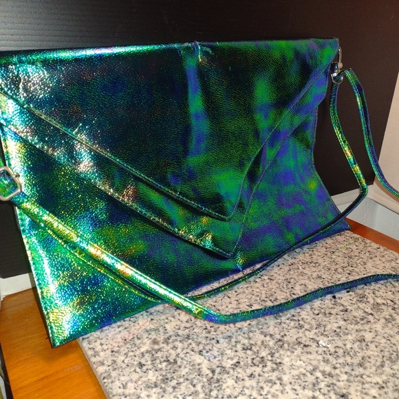 H&M Iridescent Blue Green Clutch/Messenger Handbag Purse with Strap - Picture 4 of 10